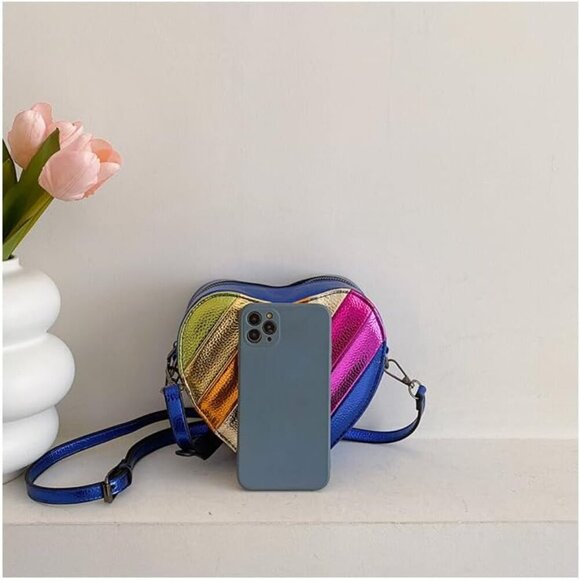 Rainbow Heart Shaped Crossbody Bag Womens Color Block Compact Trend - Picture 5 of 7